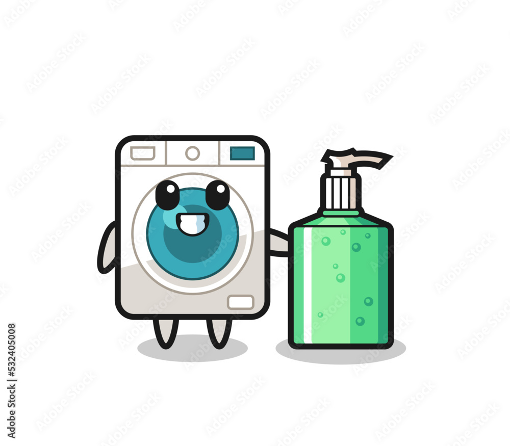 cute washing machine cartoon with hand sanitizer