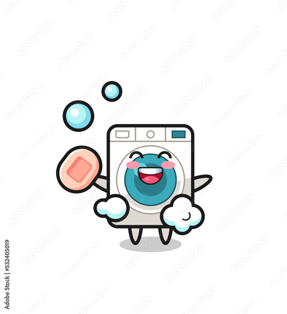 washing machine character is bathing while holding soap washing machine character is bathing while holding soap