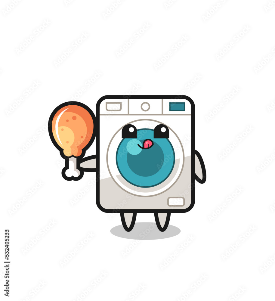 washing machine cute mascot is eating a fried chicken