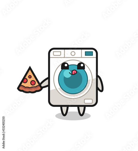 cute washing machine cartoon eating pizza