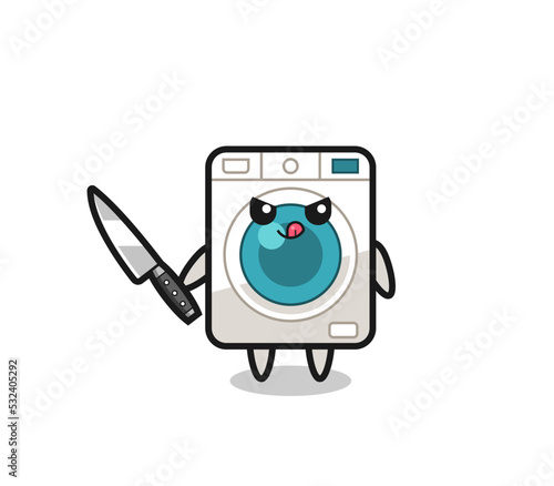 cute washing machine mascot as a psychopath holding a knife