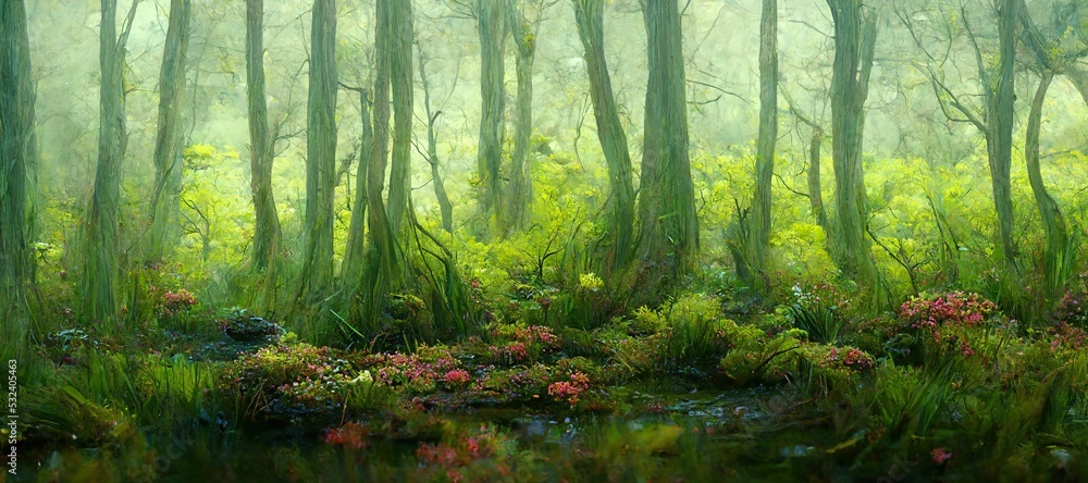 Fototapeta premium Enchanting watercolor evergreen forest, old grove trees, moss and ferns. Calm tranquil nature green scene. Wild flowers, fantasy woodland swamp, wetland grass, fen river streams and springs. 