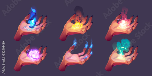 Witch hands with magic spells. Witchcraft, mystic ritual, esoteric concept. Vector cartoon set of female hands hold fire, magician ball, smoke and let out lightnings from nails