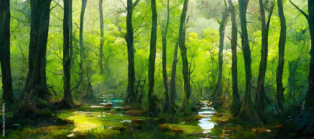Obraz premium Enchanting watercolor evergreen forest, old grove trees, moss and ferns. Calm tranquil nature green scene. Wild flowers, fantasy woodland swamp, wetland grass, fen river streams and springs. 