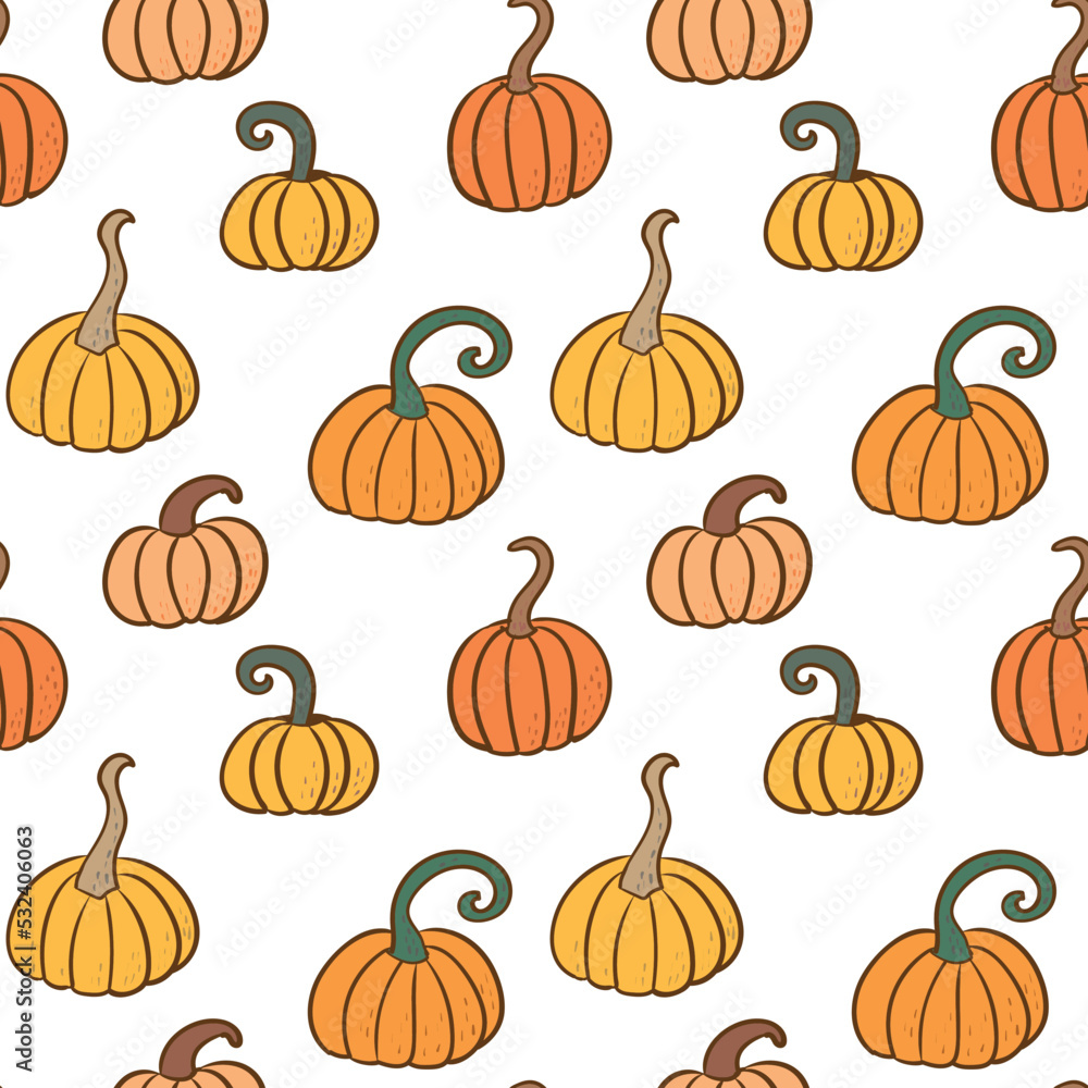 Seamless Pattern with Hand Drawn Pumpkin Design on White Background