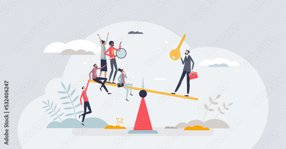 Fototapeta premium Key employee as most valuable and important colleague tiny person concept. Best staff member with skills, knowledge, experience and professional qualities vector illustration. Quality vs quantity.