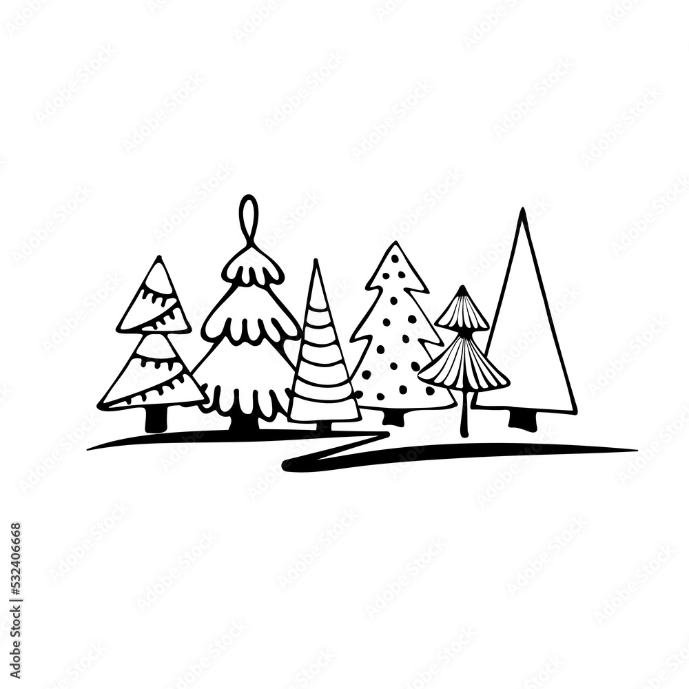 Forest of Christmas trees hand drawn on a white background. Graphic design for New Year card Forest of Christmas trees hand drawn on a white background. Graphic design for New Year card