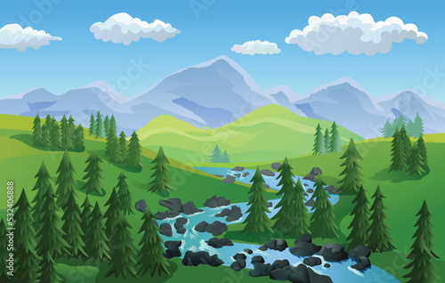 landscape with river, mountains and trees vector