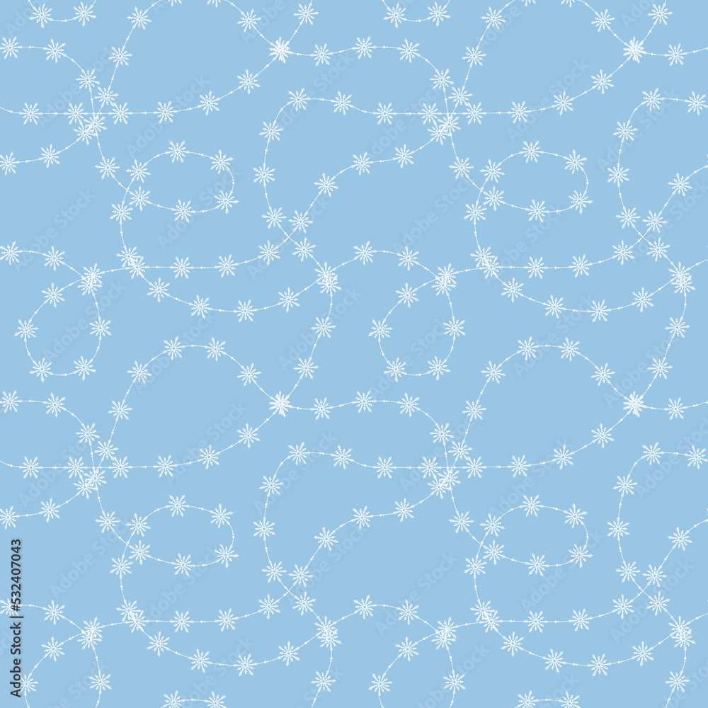 Seamless Christmas vector background with snowflakes garland on blue. New year pattern. Wrapping paper