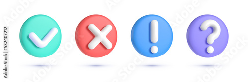 Check mark, cuestion mark, caution, cross 3d signs set. Realistic caution mark 3d for brochure design. White background. Vector illustration design