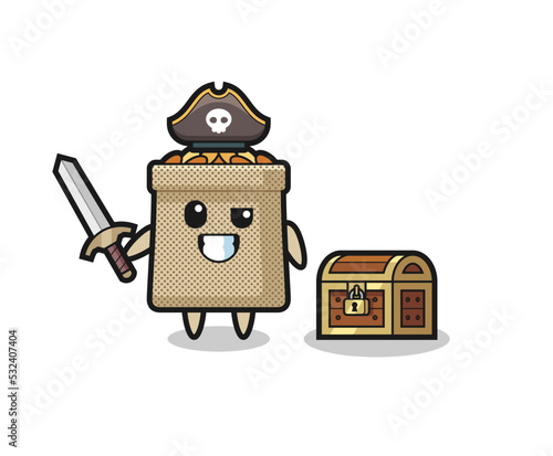 the wheat sack pirate character holding sword beside a treasure box