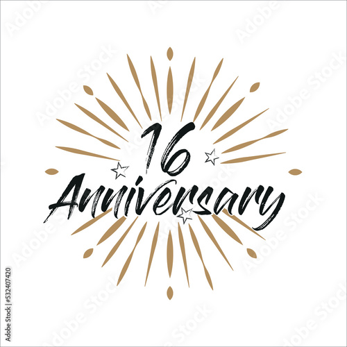 16 years anniversary retro vector emblem isolated template. Vintage logo 16th years with ribbon and fireworks on white background
