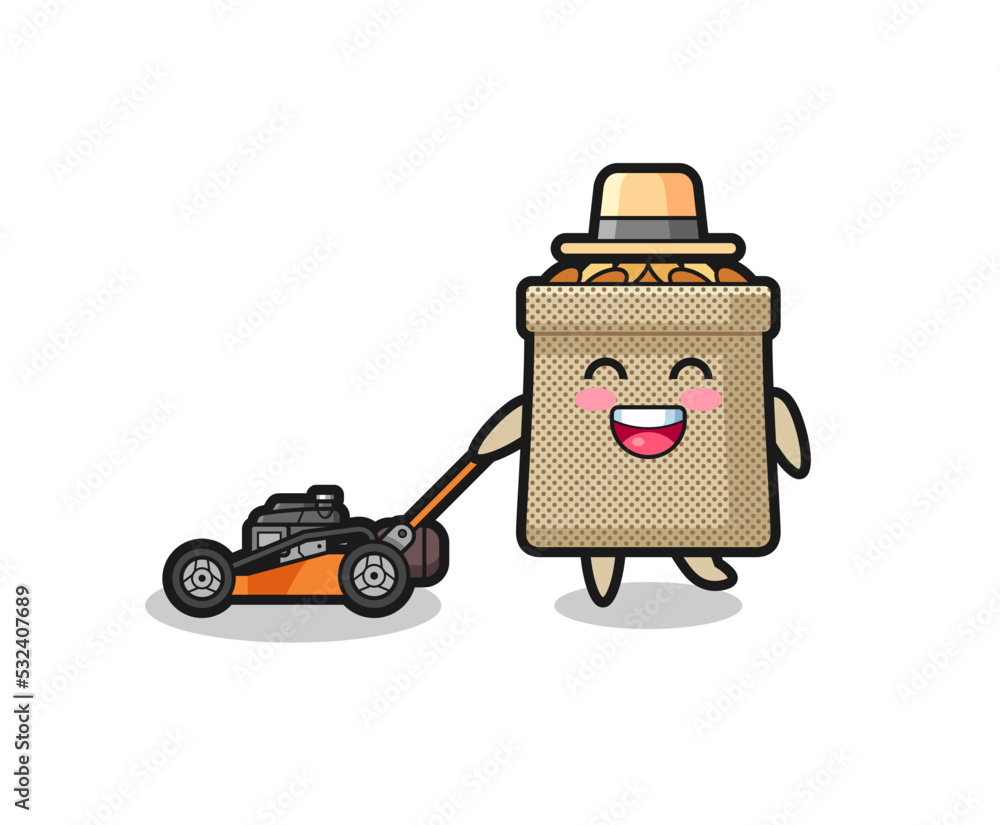 illustration of the wheat sack character using lawn mower illustration of the wheat sack character using lawn mower