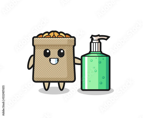 cute wheat sack cartoon with hand sanitizer