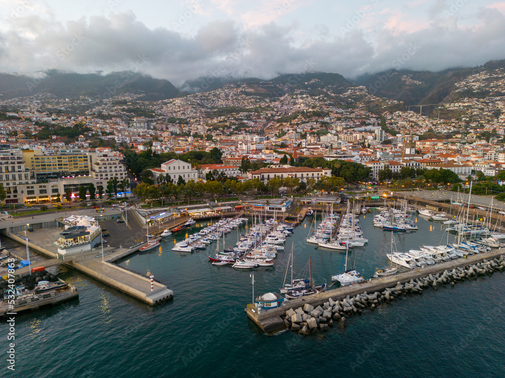 Funchal Aerial View Evening Time. Funchal is the Capital and Largest City of Madeira Island in Portugal. Europe. 