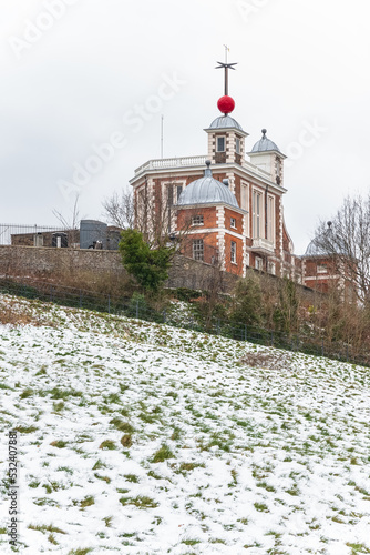 London Greenwich Observatory covered in snow in England photo