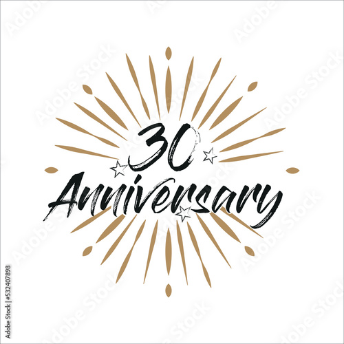 30 years anniversary retro vector emblem isolated template. Vintage logo 30th years with ribbon and fireworks on white background 