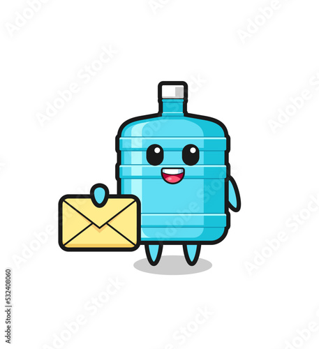 cartoon illustration of gallon water bottle holding a yellow letter