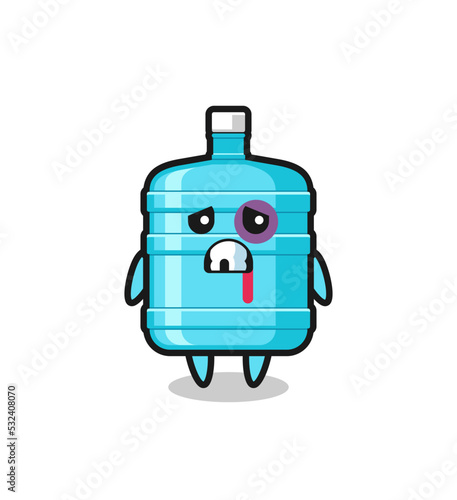injured gallon water bottle character with a bruised face