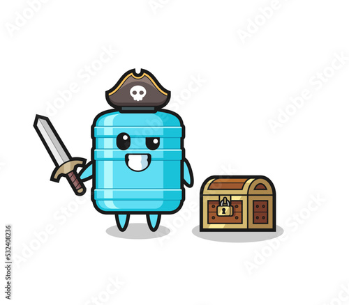 the gallon water bottle pirate character holding sword beside a treasure box