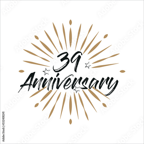 39 years anniversary retro vector emblem isolated template. Vintage logo 39th years with ribbon and fireworks on white background 