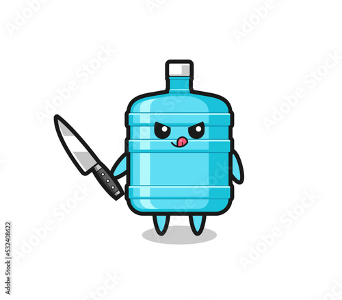 cute gallon water bottle mascot as a psychopath holding a knife