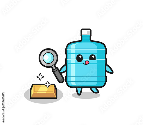 gallon water bottle character is checking the authenticity of the gold bullion