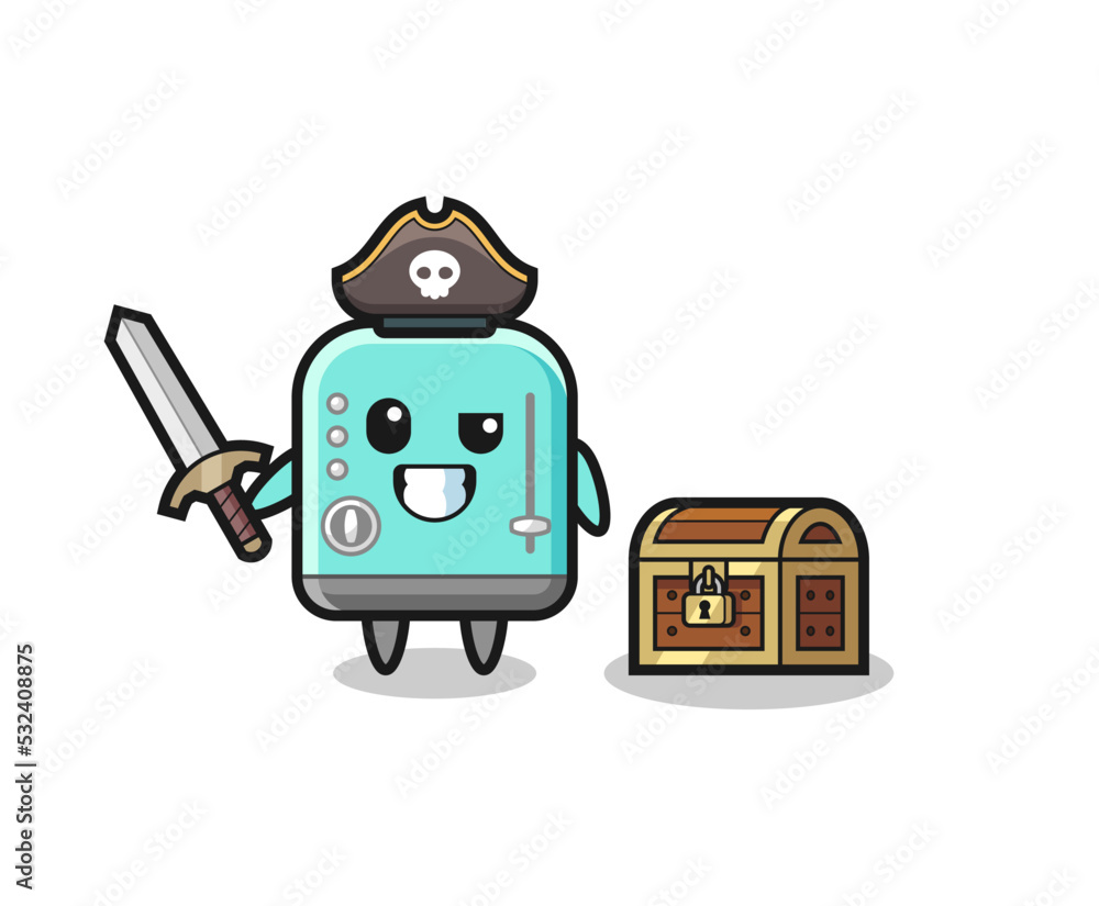 Naklejka premium the toaster pirate character holding sword beside a treasure box