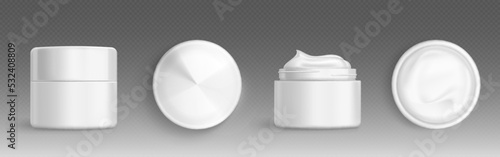 Cream jar, cosmetics package for face or skin care, cosmetic lotion, beauty product packs front and top view. Closed and open containers with screw caps Realistic 3d vector design, isolated mockup set
