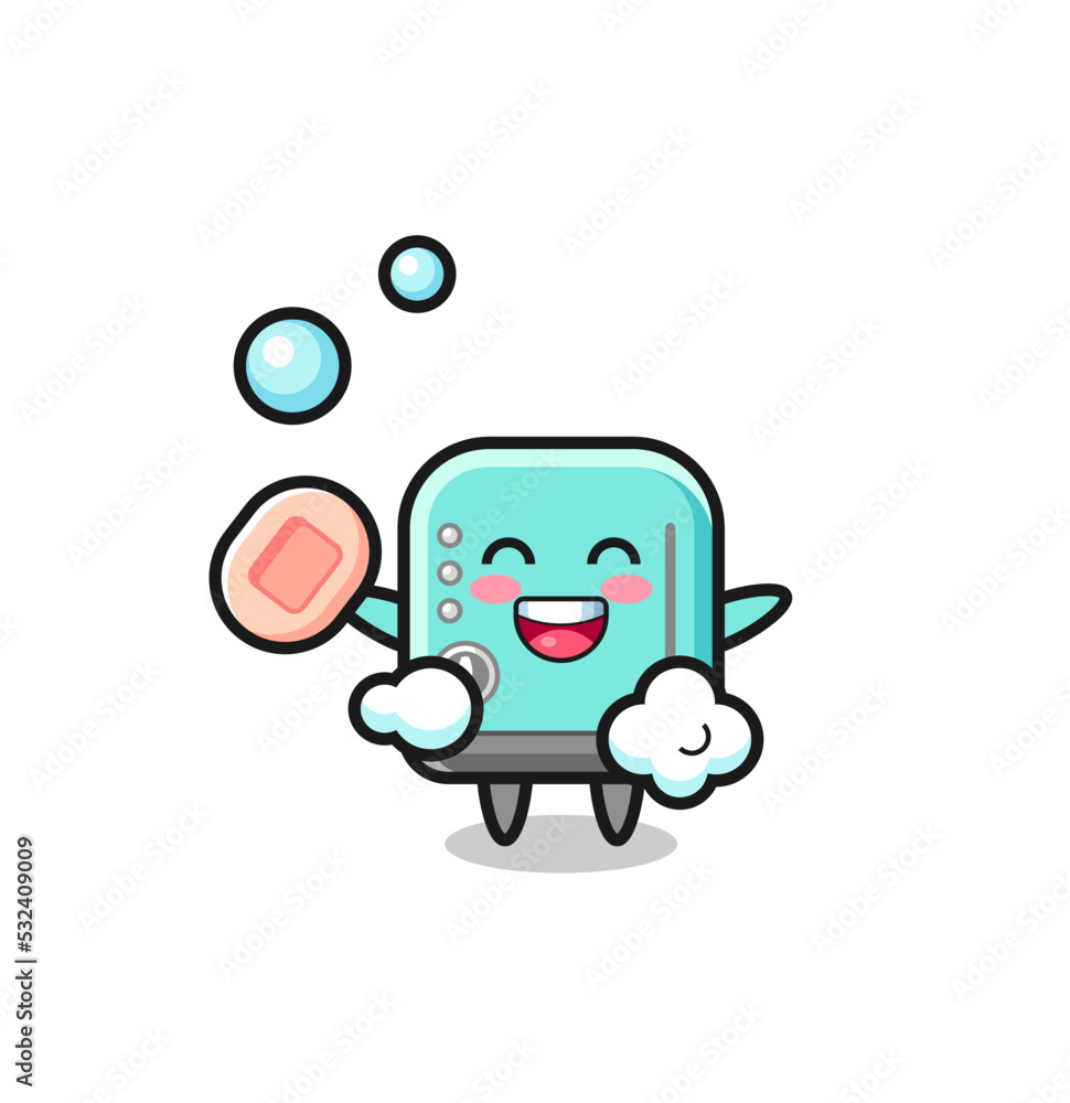 toaster character is bathing while holding soap