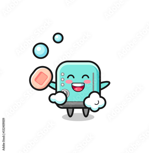 toaster character is bathing while holding soap