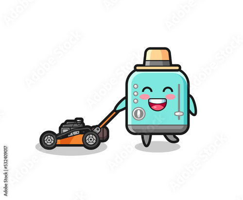 illustration of the toaster character using lawn mower
