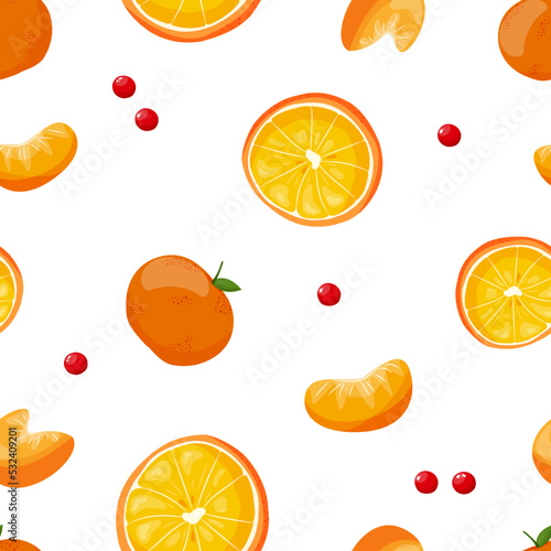 Fototapeta Naklejka Na Ścianę i Meble -  Christmas and Happy New Year seamless pattern with christmas citrus and berries on white background. Vector design template. Greeting card, gift wrapping