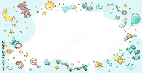 Baby Boy shower vector background with blue elements. Frame with set of objects, bear, pacifier, infant toys, stars, moon, clouds. Cute cartoon Card for baby newborn with space for text or photos.