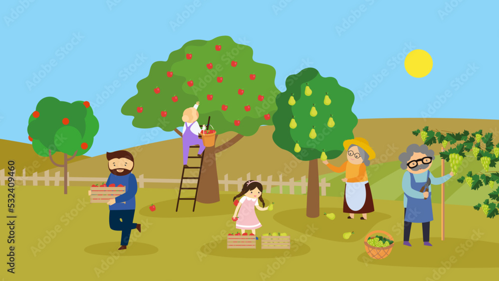 Family picking fruit in the garden