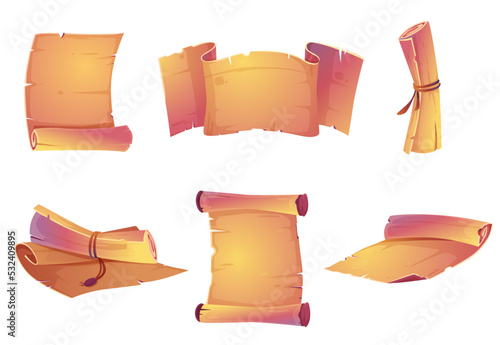 Set of ancient parchment rolls isolated on white background. Cartoon vector illustration of antique document template. Old paper scroll, blank banner, unfolded vintage map or papyrus manuscript