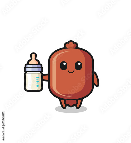 baby sausage cartoon character with milk bottle