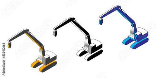 Vector picture of Mounted Larssen Pile Driver on a track-platform. Icons in three colours variant: black and white, yellow and gray, blue shades.