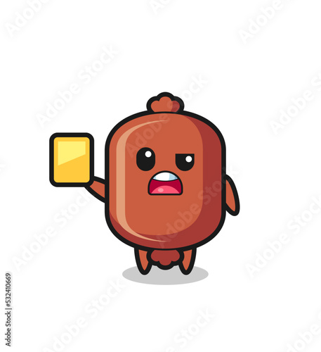 cartoon sausage character as a football referee giving a yellow card