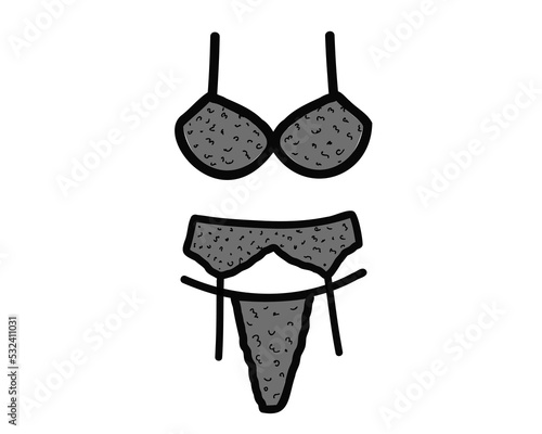 Black lingerie set, bra, panties with garter belt or suspenders. Vector illustration isolated on white background