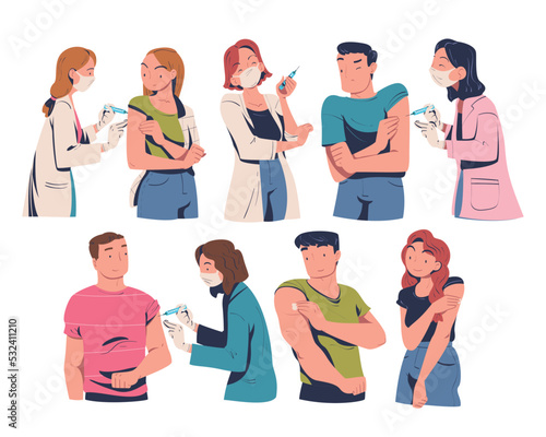 Vaccination with People Characters Vaccinated in Their Upper Arm with Doctor Holding Syringe Vector Set