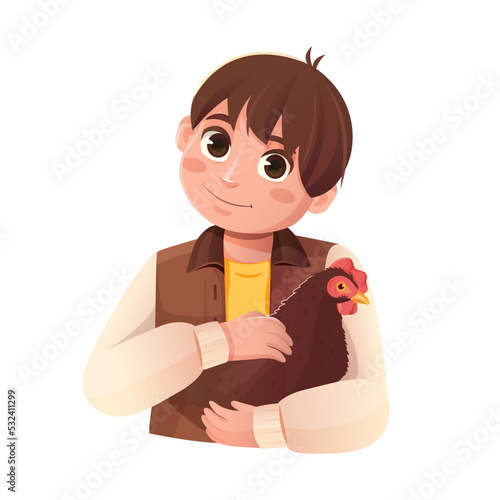 Boy holds a chicken in his hands and hugs her