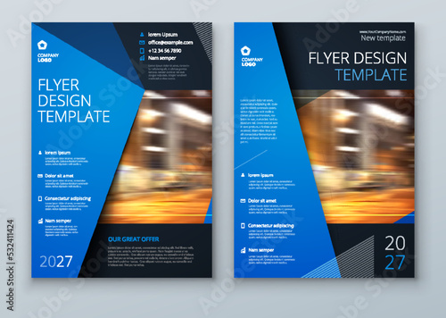 Flyer design. Corporate business report cover, brochure or flyer design. Leaflet presentation with abstract blue accent, polygonal shaped background. Modern poster magazine, layout, template. A4.