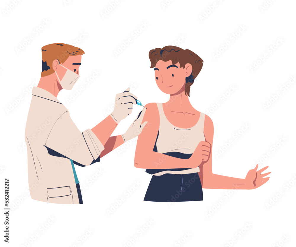 Vaccination with Woman Character Vaccinated in Her Upper Arm with Doctor Holding Syringe Vector Illustration Vaccination with Woman Character Vaccinated in Her Upper Arm with Doctor Holding Syringe Vector Illustration