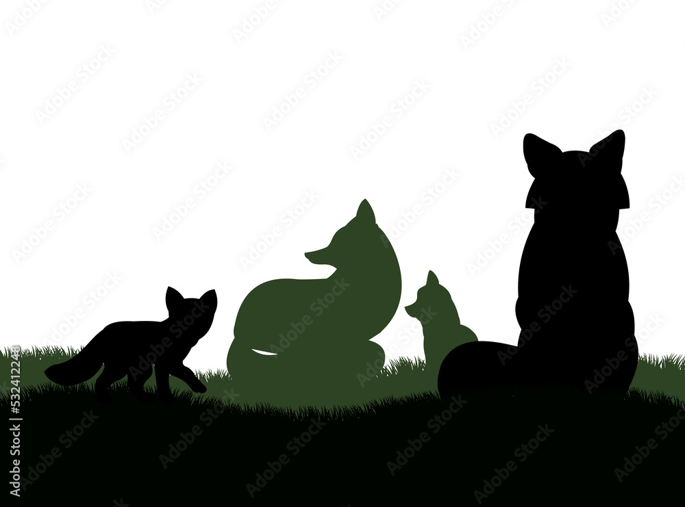 Family of foxes on grass. Animal silhouette. Wild life picture. Isolated on white background. Vector.