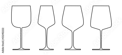 A set of vector contour of various wine glasses. A collection of black insulated wine glasses.