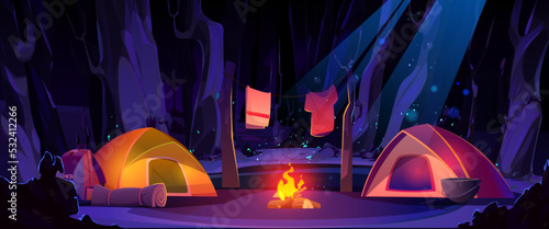 Fotografie, Obraz Summer camp in night forest cartoon illustration