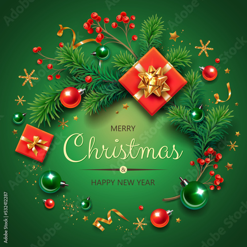 Square banner with gold and red Christmas symbols and text. Christmas tree  gifts  golden tinsel confetti and snowflakes on green background. Header for website template.