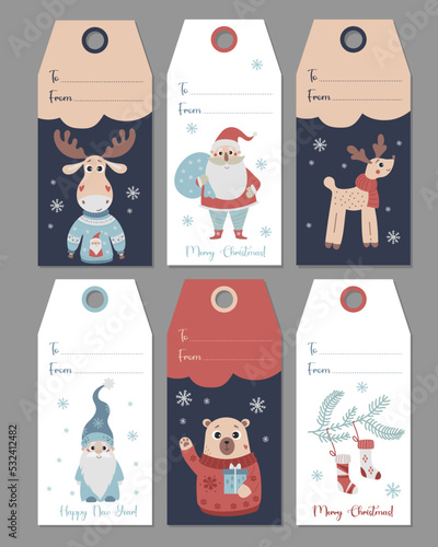 Christmas gift tags. Card labels with cute characters Santa Claus, gnome and bear, elk, deer in christmas sweater. Vector vertical design templates. Xmas and New 2023 Year celebration preparation.