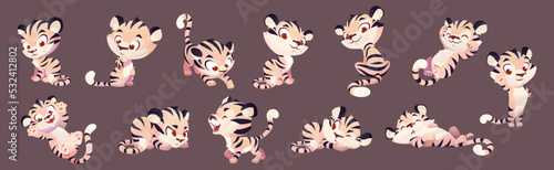 Adorable tiger cub cartoon animation set. Vector illustration of funny wild animal character mascot in different positions, lying, sitting, playing, jumping, walking, waving paw, sleeping, smiling
